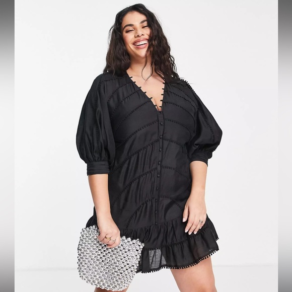 ASOS DESIGN Curve structured mini dress with lace trim detail + puff sleeve US16 - Picture 2 of 4